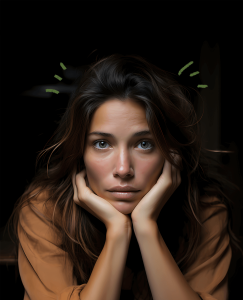 Chica castaña aguantando la cabeza con las manos y con cara de preocupación, ya que quiere saber cómo dejar de ser celosa.