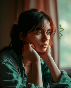 Chica con camisa y ojos verdes mirando preocupada de lado una ventana, su cara de preocupación y los dibujos de alarma en su cabeza nos indica que su preocupación viene por en una relación de codependencia emocional.