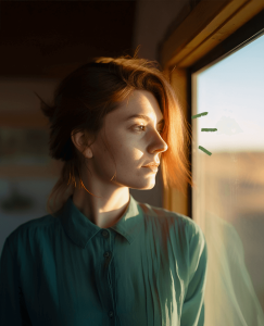 Chica pelirroja mirando pensativa a través de la de su casa y pensando en que quiere dejar a su pareja pero no puede por todo lo que han vivido.