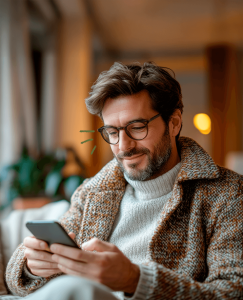 Hombre que está tonteando con alguien teniendo pareja a través de mensajes en su teléfono móvil.