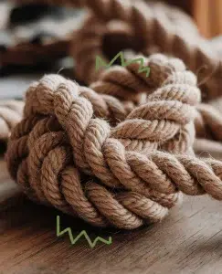 Cuerda de cáñamo encima de una superficie de madera. Esta cuerda se encuentra enredada, apretada, metáfora de la dependencia emocional, que es como una cuerda que nos ata a una persona.