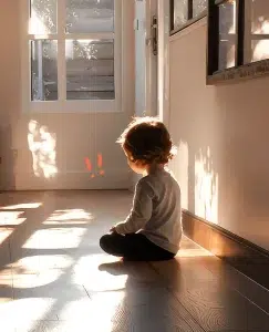 Niño pequeño sentado en el suelo de una habitación cálida y soleada. A pesar de las belleza de la imagen, el niño de espalda y los signos de alarma que hay en medio de la imagen nos indica que este niño ha sufrido heridas de infancia.