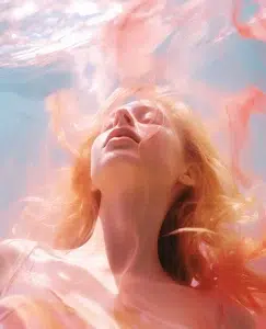 Chica pelirroja y vestida de naranja sumergida en el agua, cerca de la superficie. Sus pelos flotan libres a su alrededor y su rostro se enfoca a los rayos que entran a través del agua. Sus ojos están cerrados y su rostro muestra un estado de paz, todo en ella es paz, el estado que alcanzas cuando logras tener autocompasión de ti misma, solo cuando dejas de atacarte.