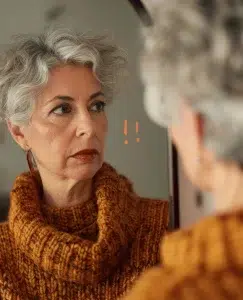 Sale una mujer de unos 50 años aproximadamente, que se replantea mirándose al espejo como superar un divorcio a su edad