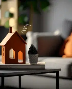 Una casa de madera encima de una mesa de comedor en la que se interpreta problemas de convivencia en pareja