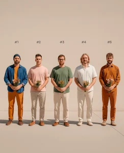 5 chicos en fila con un ramo de flores cada uno que representan los tipos de ex que vuelven