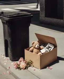 Una caja al lado de la basura con recuerdos de una relación que se ha roto por infidelidad