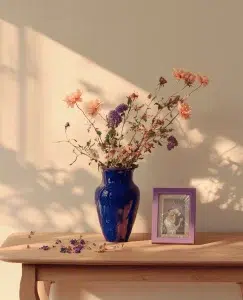 Aparece unas flores dentro de un jarrón que se están secando y cayendo al lado de la foto de una pareja