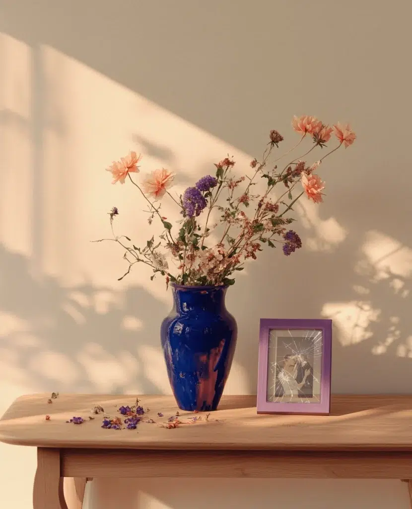 Aparece unas flores dentro de un jarrón que se están secando y cayendo al lado de la foto de una pareja