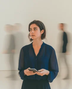 Aparece una mujer con el teléfono en la mano mirando hacia otro lado preguntándose porque su ex le esta aplicando orbiting