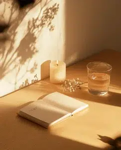 En la foto aparece un libro, una vela y una libreta, cae el sol de lado, mostrando transparencia como una relación sana