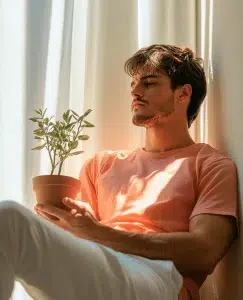 un hombre sosteniendo una maceta con un arbolito pensando si se puede recuperar el amor cuando se acaba