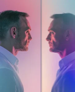aparecen dos personas mirandose frente a frente como si fuera un espejo de la disonancia emocional