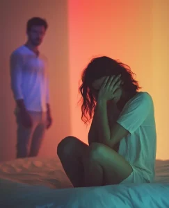 Se observa una mujer sentada en la cama con las manos en la cabeza porque está harta de discutir con su pareja y su pareja aparece de fondo