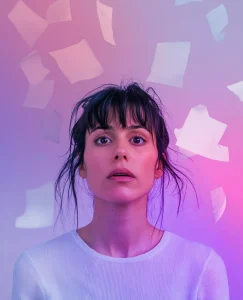 aparece una mujer con muchos papeles alrededor porque no saben si le está mintiendo su pareja