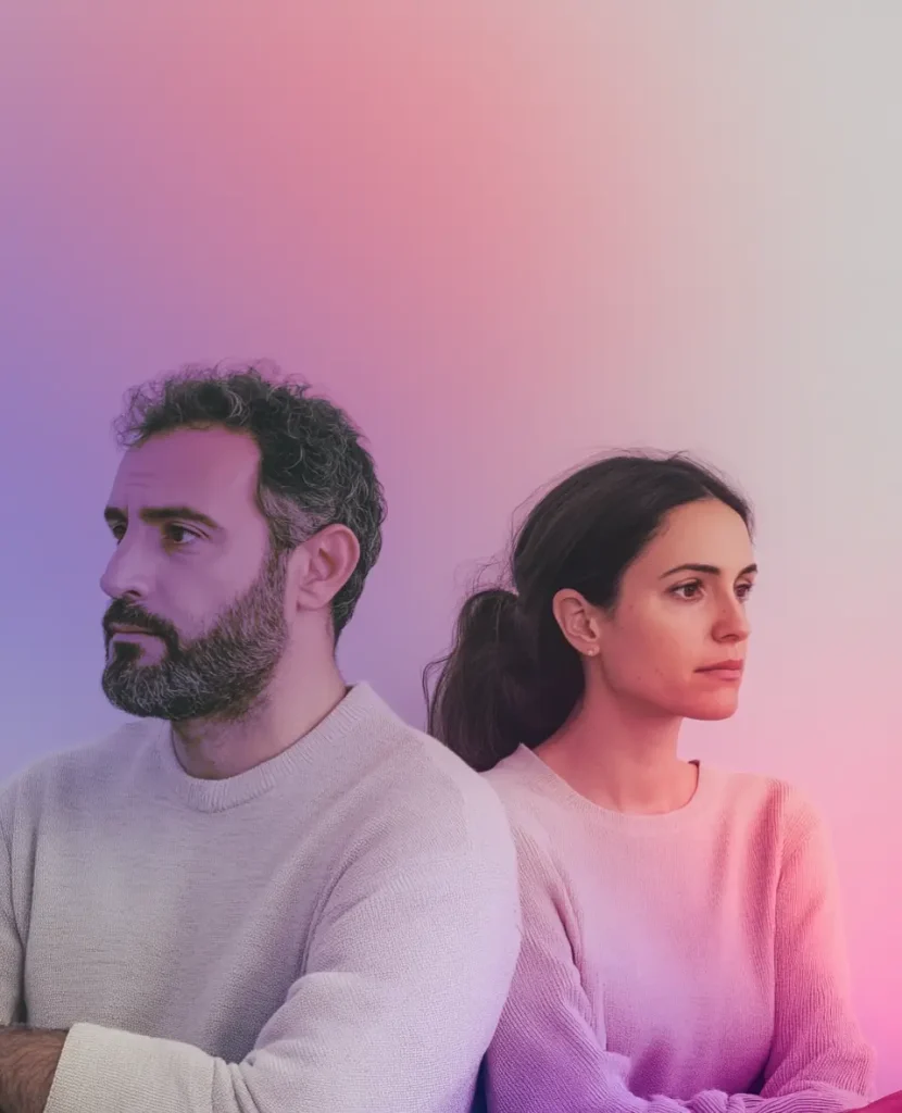 aparece una pareja con los brazos cruzados mirando hacia lados diferentes por la indiferencia en pareja