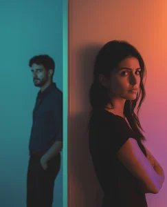 aparecen dos personas muy distantes con diferentes colores en neón porque una cometido una infidelidad y su pareja no sabe como tratarla