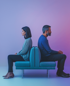 2 personas sentadas de espaldas porque una de ellas fue infiel y actualmente está pagando las consecuencias