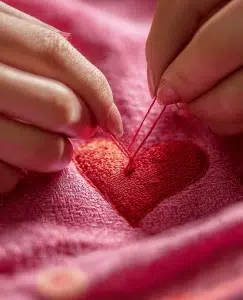 aparece unas manos cosiendo un corazón porque tiene traumas emocionales