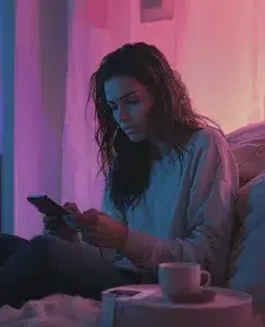 una mujer se queda viendo el teléfono pensando si es buena idea: volver con su ex