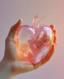 En la imagen aparece una mano con un corazón de cristal frágil en la mano haciendo comparación de quien te quiere no te hace daño