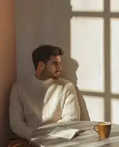 aparece un hombre sentado en frente de una mesa con una taza de café y un libro. el hombre aparece con sombra y luz haciendo referencia a la desconfianza