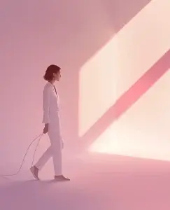 aparece una mujer caminando sola con fondo rosa y amarillo por la luz del sol representando la soledad emocional