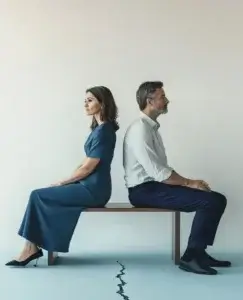 Aparece una pareja sentada en el mismo banco de espaldas, pensando si es solo una crisis o un final