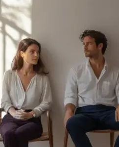 La imagen muestra a un hombre y una mujer sentados en sillas separadas, mirándose con expresiones serias y distantes. La disposición y el ambiente en la foto sugieren un momento de reflexión y separación en la relación, lo cual se relaciona con la idea de darse un tiempo en pareja.