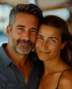 En esta imagen podemos observar una de las parejas con diferencia de edad, a la izquierda podemos ver un hombre maduro y guapo, con unos 50 años, de pelo y barba blanco, además de algunas arrugas. A su derecha, pegada a él su pareja más joven, una chica de unos 20 como mucho 30 años, guapa también castaña y de piel morena, tostado por el sol.