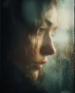 Primer plano de una mujer mirando a través de una ventana empañada por la lluvia; su expresión es melancólica y perdida en pensamientos que parecen pesarle. La escena refleja el dolor silencioso de preguntarse cómo olvidar a una persona que amas pero te hace daño.