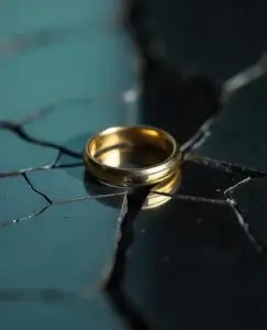 Anillo dorado apoyado sobre una superficie agrietada, con una fisura que lo atraviesa, una imagen que simboliza descubrir qué significa soñar que tu pareja es infiel, reflejando inseguridad emocional, miedo a la traición y grietas internas en la confianza dentro de la relación.