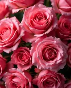 Primer plano de varias rosas rosadas en plena floración, con pétalos suaves y vibrantes que evocan romanticismo y armonía, simbolizando la ley de atracción en el amor como una metáfora visual de cómo los sentimientos, la intención y la energía emocional florecen cuando se cultivan desde el interior.