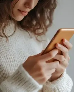 Mujer mirando su teléfono móvil con gesto atento y expectante, una imagen que refleja la incertidumbre emocional cuando un hombre que te bloquea vuelve a aparecer, reactivando dudas, esperanza y preguntas sin respuesta en la comunicación digital.