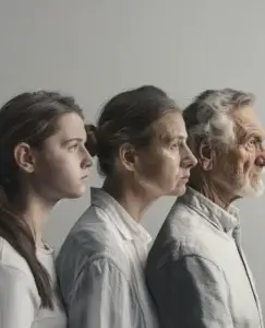 Tres generaciones alineadas de perfil con expresiones serias y contenidas, una imagen que simboliza el trauma transgeneracional y cómo las heridas emocionales se transmiten de padres a hijos a lo largo del tiempo.