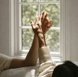 Dos manos se entrelazan suavemente frente a una ventana iluminada por la luz natural, una escena íntima que sugiere cercanía emocional y refleja las sutiles señales de atracción entre amigos.