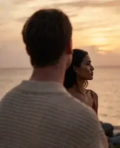 Mujer mirando al horizonte junto al mar al atardecer, con un hombre de espaldas en primer plano, reflejando la sensación de cuando esperas algo de alguien y no llega.